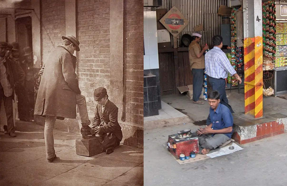 Left: Shoeshiner at work in 1877. Right: Contemporary boot polisher. Source: Wikipedia.