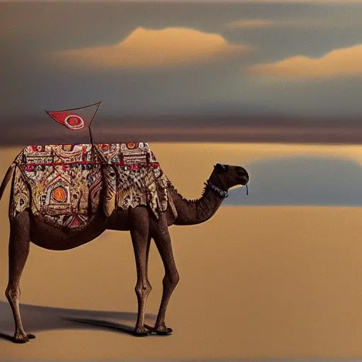 “A camel on a boat in the style of Dali”