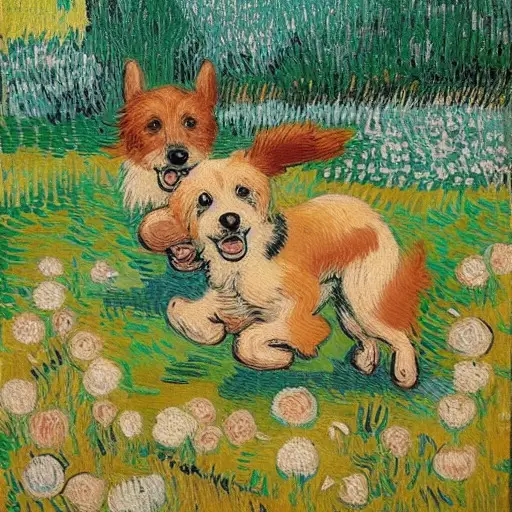 “Cute dogs in a garden running in the style of Van Gogh”