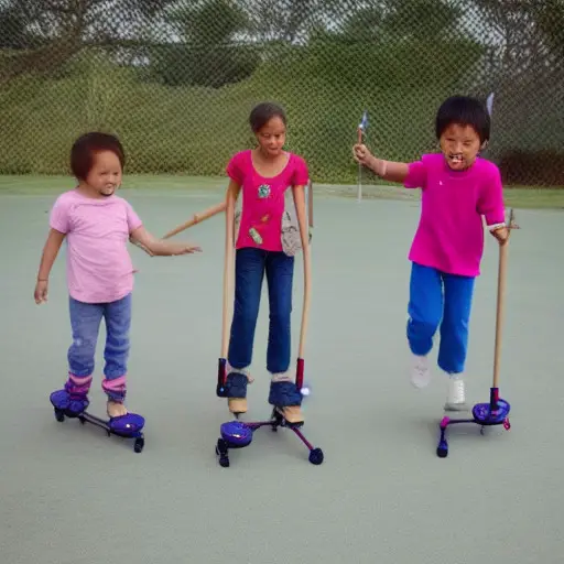 “Three children play in the sky with a pogo stick in a realistic style”