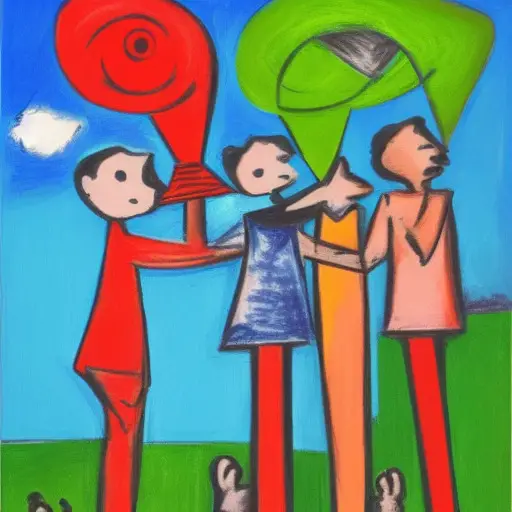 “Three children play in the sky with a pogo stick in a Picasso style”