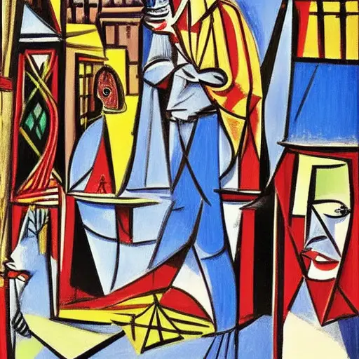 “A king on his balcony in a fairy tale city looking down at a busy Arabian market Picasso style”