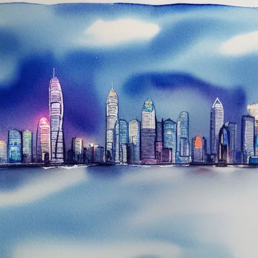 “Hong Kong skyline in moody blue watercolor”